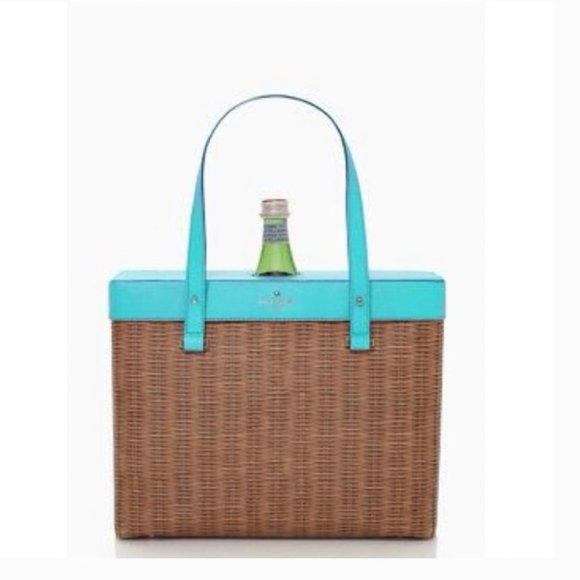 Kate Spade Pack a Picnic Wine Tote bag purse basket blue faux wicker nwot - Picture 2 of 8